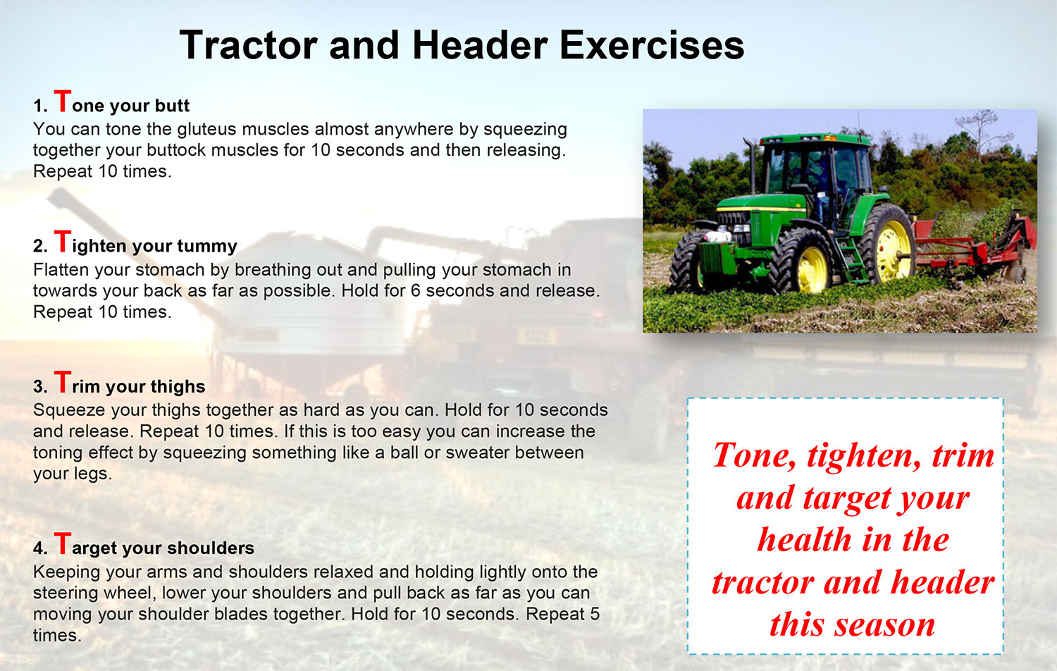 tractor and header exercises