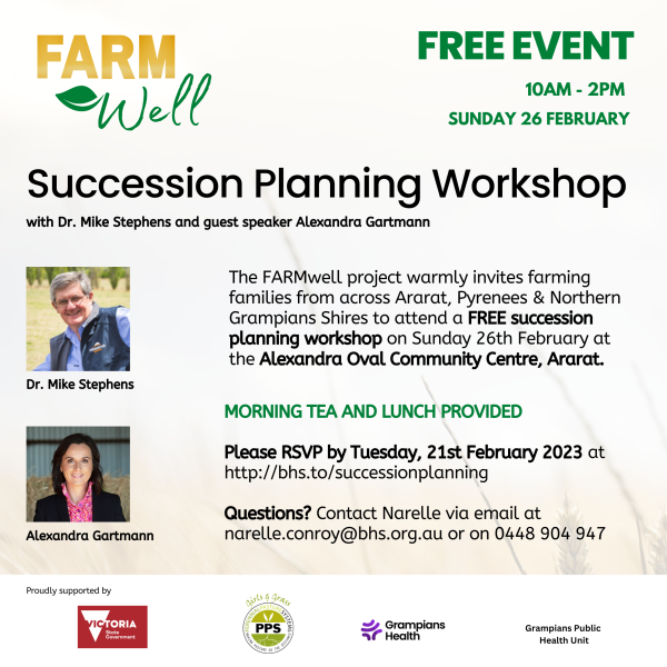Free Succession Planning workshop on Sunday 26th February at Alexandra Oval Community Centre, Ararat. 